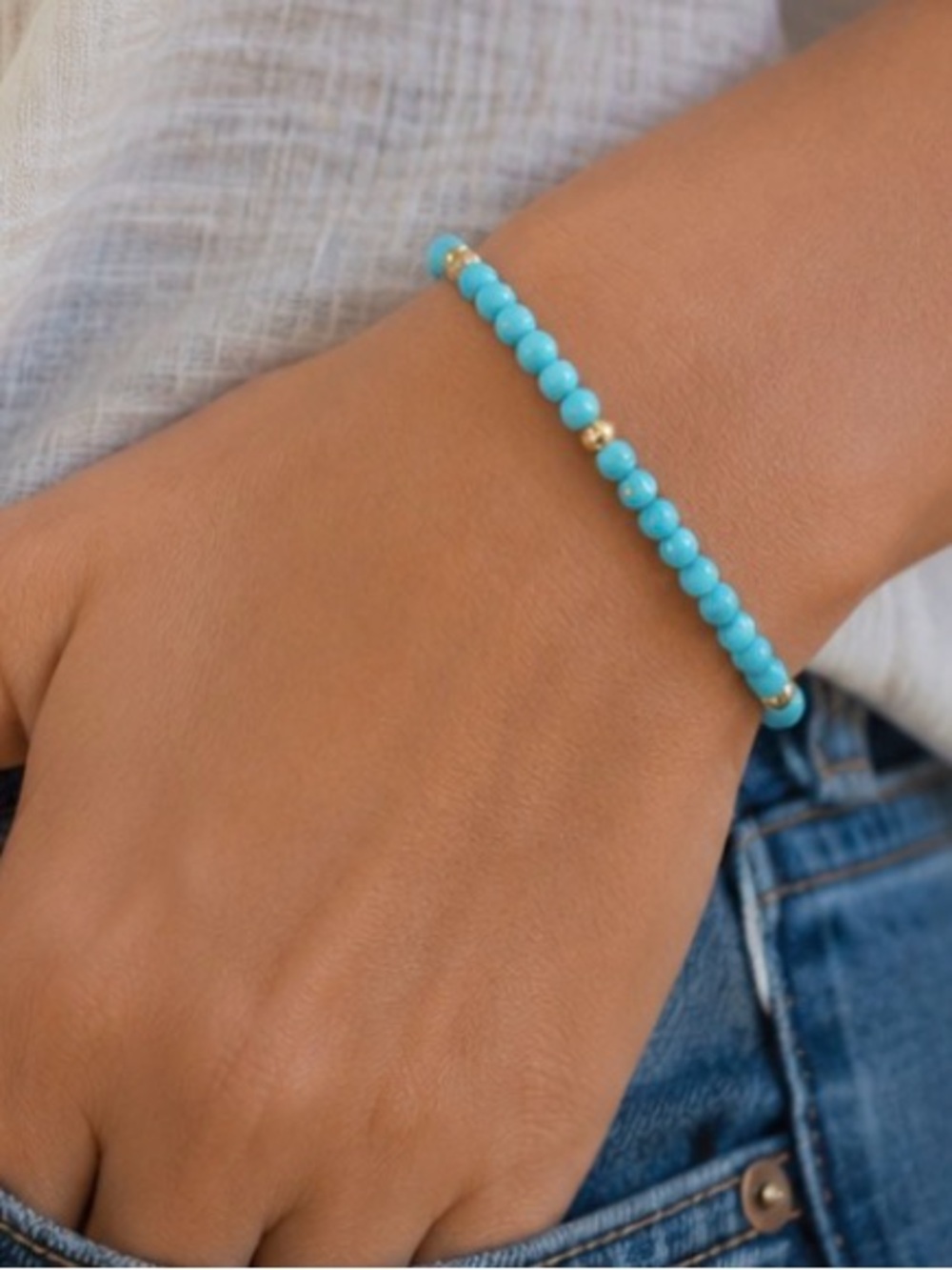14K Gold & Genuine Turquoise Beaded Stretch Bracelet